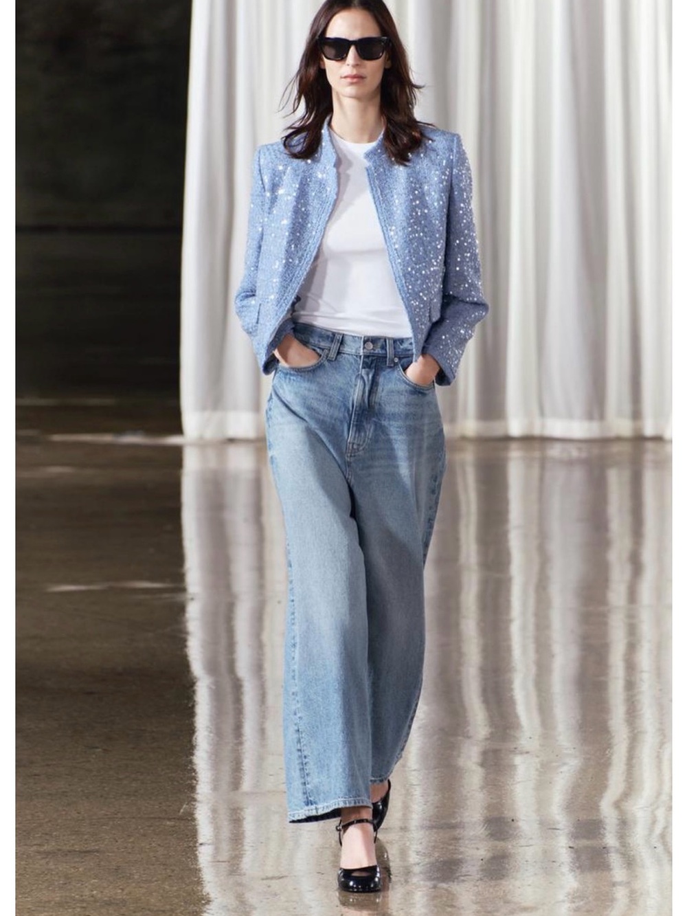 NWT Zara Periwinkle Blue Sequined Tweed Lady Jacket XL - Picture 3 of 14